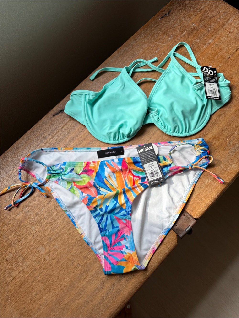 NWT! Mint Green Top with Multicolor Tropical Tie-Side Bikini Bottoms